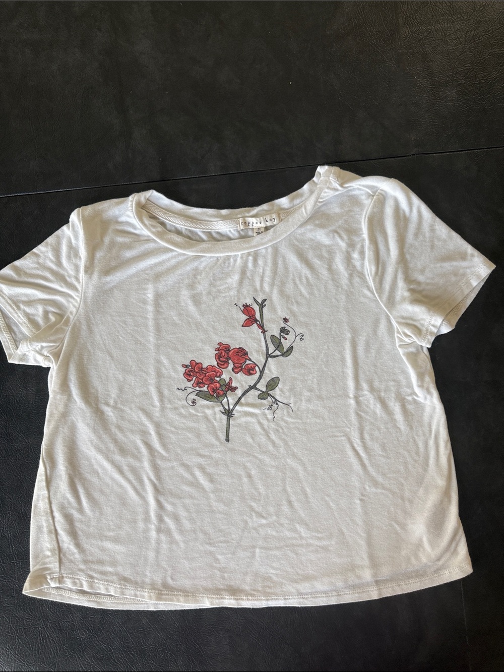 Copper Key White Tee Girls M - Coral Red and Sage Green Floral Motif